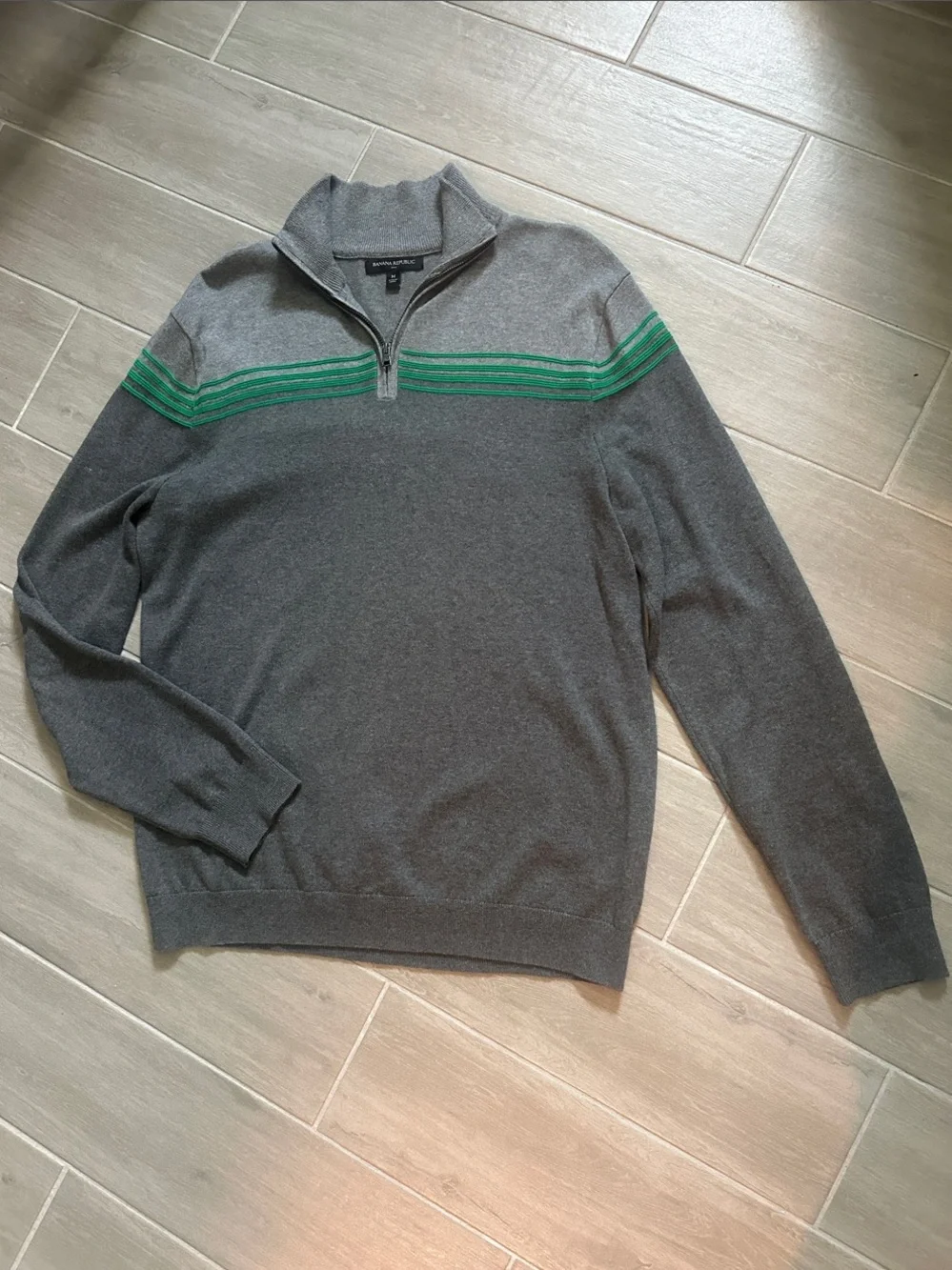 Banana Republic Gray Sweater with Green Chest Stripes - Quarter Zip